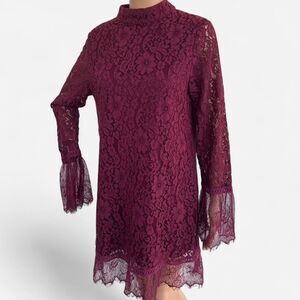 Burgundy Lace Dress Loveriche Long Sheer Sleeve High Neck L